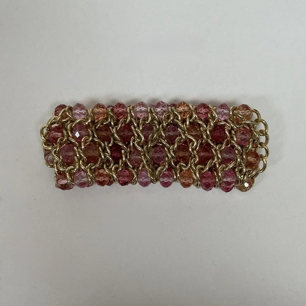 Pink Peach Gold-tone Beads Beaded Women's Fashion Stretch Chain Bracelet NWOT